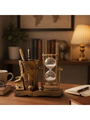 Keyfim Shop Kişiye Özel Vintage Bronz Renk Kitap Tasarımlı Kum Saati ve Kalemlik Dekoratif Masaüstü Organizer