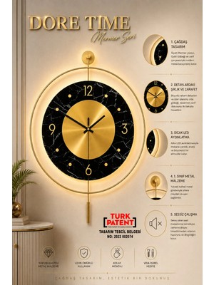 Sevinç Konsept Ledli Dore Time Mermer Seri Tiktok (Büyük Boy 50 x 75 Cm) Modern Dekoratif Metal Duvar Saati