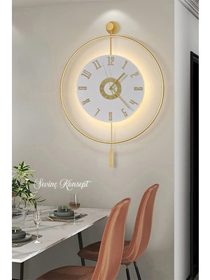 Sevinç Konsept Led'li Gold Izmir Kristal 24 (Büyük Boy), 3 mt Led'li Modern Dekoratif Sarkaçlı Metal Duvar Saati