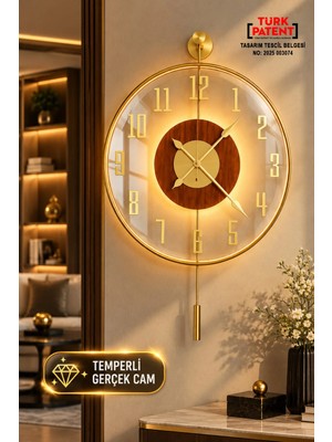 Sevinç Konsept Led'li Latin Golden Tiktok Face Temperli Cam (Büyük Boy 50 x 75 Cm) Modern Dekoratif Sarkaçlı Metal Duvar Saati
