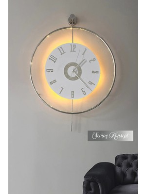 Sevinç Konsept Led'li Gümüş Izmir 24 Kristal (Büyük Boy 51 x 74 Cm), Modern Dekoratif Sarkaçlı Metal Duvar Saati