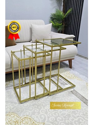 Sevinç Konsept 3'lü Gold Tekerlekli C Sehpa, Şeffaf Cam, Güvenilir 6 mm Kalın Camlı, Çok Amaçlı Metal Zigon Sehpa
