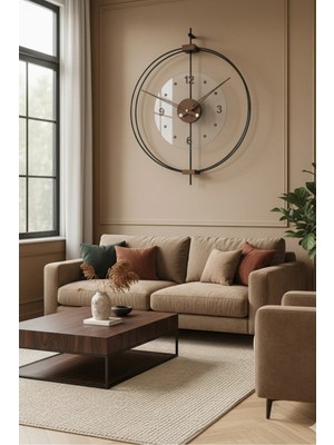 Sevinç Konsept Siyah Rosa Ceviz Rakamlı – Çift Çemberli (Büyük Boy 50 * 65 Cm) Lüks Dekoratif Metal Duvar Saati