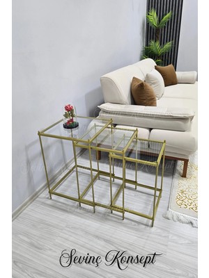 Sevinç Konsept 3 Lü Vera Gold Şeffaf Camlı, Çok Amaçlı Metal Zigon Yan Sehpa