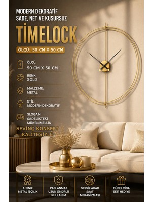 Sevinç Konsept Gold Timelock (Büyük Boy 50 cm x 50 Cm) Siyah Modern Dekoratif Duvar Saati