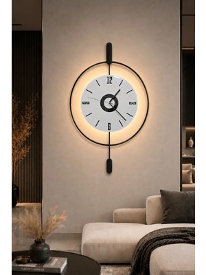 Sevinç Konsept Led'li Siyah Inci 24 (Büyük Boy 50 x 75 Cm), Modern Dekoratif Sarkaçlı Metal Duvar Saati
