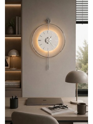 Sevinç Konsept Ledli Gümüş Orjin 24 (Büyük Boy 45 x 65 Cm), Modern Dekoratif Sarkaçlı Metal Duvar Saati