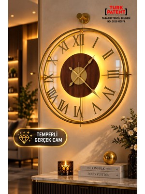 Sevinç Konsept Ledli Golden Eyes La Clock (Temperli Cam Göbek - Büyük Boy 50 x 60) cm Modern Dekoratif Ispanyol Tarzı Duvar Saati