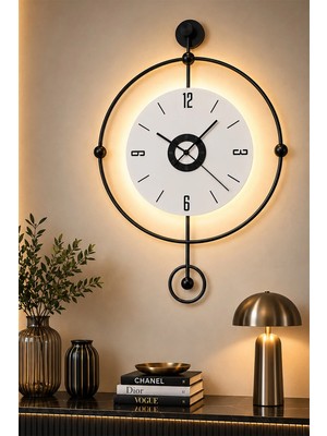 Sevinç Konsept Led'li Siyah Orbit Plus 24 (Büyük Boy 50 x 75 Cm), Modern Dekoratif Sarkaçlı Metal Duvar Saati