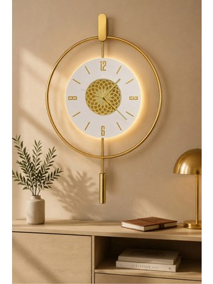 Sevinç Konsept Ledli Gold Inci Lotus, Uzun Sarkaçlı (Büyük Boy 50 x 75 Cm), Modern Dekoratif Metal Duvar Saati