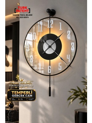 Sevinç Konsept Ledli Latin Tiktok Face Temperli Cam Göbek (Büyük Boy 50 x 75 Cm) Modern Dekoratif Sarkaçlı Metal Duvar Saati