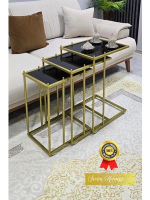 Sevinç Konsept 3'lü Gold Tekerlekli C Sehpa, Siyah Cam, Güvenlir 6mm Kalın Camlı, Çok Amaçlı Metal Zigon Sehpa