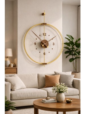 Sevinç Konsept Gold Rosa Ceviz Rakamlı – Çift Çemberli (Büyük Boy 50 * 65 Cm) Lüks Dekoratif Metal Duvar Saati