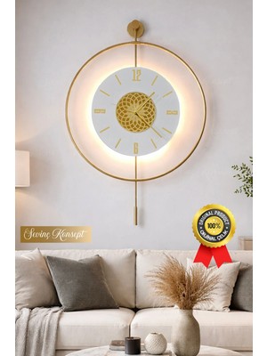 Sevinç Konsept Led'li Gold Lotus Tiktok Kristal (Büyük Boy 50 x 75 Cm), Modern Dekoratif Sarkaçlı Metal Duvar Saati