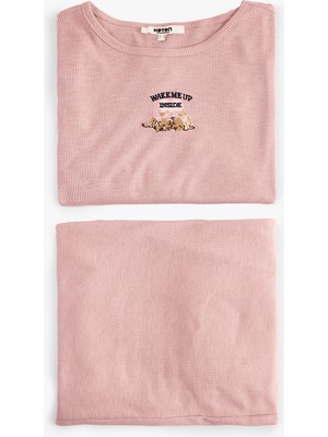 Koton Köpek Nakışlı Bisiklet Yaka Uzun Kollu Pijama Takımı