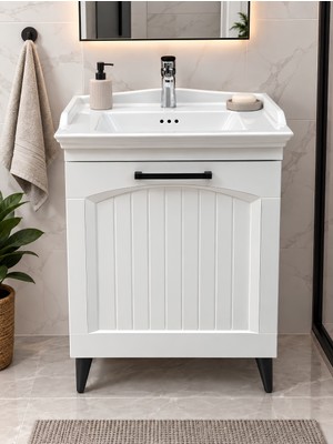 Turkuaz Lavabolu 65 cm Banyo Dolabı - Ayaklı, Beyaz Membran Kapaklı