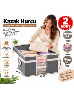 Esmana Living Pencereli Kazak Hurcu 2'liset- Fermuarlı Giysi ve Kıyafet Saklama Organizeri 45X40X30CM