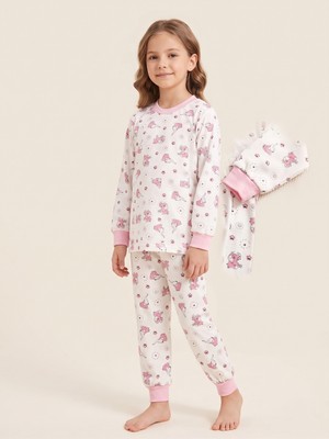 Deniva Kız Çocuk Pembe Sevimli Hayvan Desenli %100 Pamuklu Ribanalı Uzun Kollu Pijama Takımı