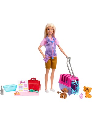 Barbie Veteriner Mini Oyun Seti Sarışın Bebek, 2 Hayan Figürü ve Aksesuarlar Dahil Barbie Hayvan Kurtarma ve Iyileştirme Oyun Seti HRG50