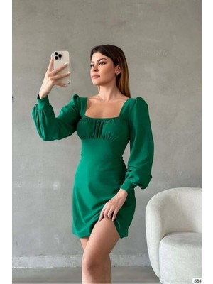 Cotton Soft Kadın Krep Kumaş Kare Yaka Uzun Kollu Elbise