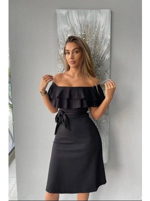 Cotton Soft Kadın Krep Kumaş Kayık Yaka Kuşaklı Abiye Elbise
