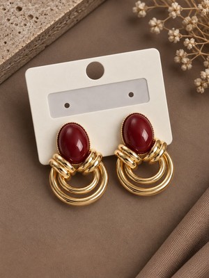 Serelya Pirinç Gold Renk Bordo Taşlı Vintage Kadın Küpe