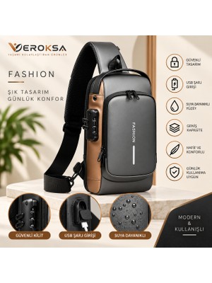 Veroksa Fashion Unisex Çapraz Omuz Çantası Şifreli Kilitli USB Şarj Girişli Suya Dayanıklı Göğüs Çantası