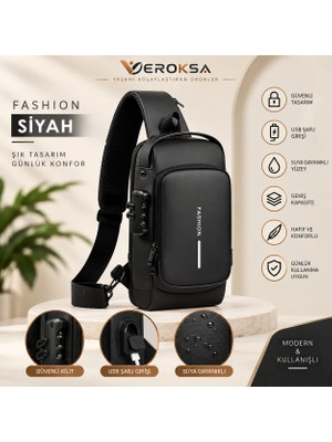 Veroksa Fashion Unisex Çapraz Omuz Çantası Şifreli Kilitli USB Şarj Girişli Suya Dayanıklı Göğüs Çantası