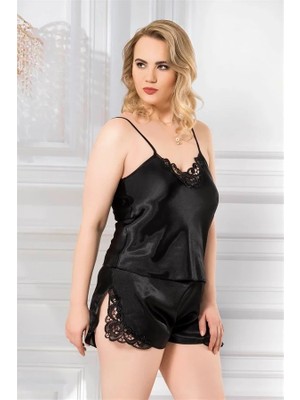 Luvecia Şık Tasarım Yumuşak Dokulu Büyük Beden Dantel Işlemeli Siyah Saten Babydoll  - LUV7404-1054