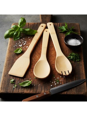 Deconox 3'lü Bambu Mutfak Gereç Seti – Doğal Ahşap Spatula, Kaşık ve Servis Çatalı | Yapışmaz Tencere Dostu, Antibakteriyel ve Isıya Dayanıklı Ahşap Mutfak Seti (30 Cm)