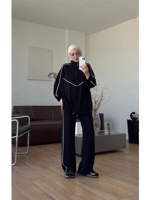 Miraydin Butik Kadın Garnili Biyeli Tunik ve Pantolon Spor Ikili Takım M62819 - Siyah
