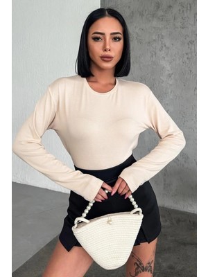 Pileli Store Rahat ve Şık Uzun Kollu Bisiklet Yaka Likralı Viskon Penye Body Bej