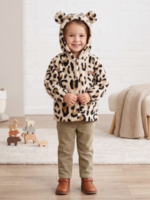 Deniva Bebek & Kız Çocuk Leopar Desenli Kulaklı Kapüşonlu Düğmeli Yumuşak Wellsoft Peluş Mont & Hırka