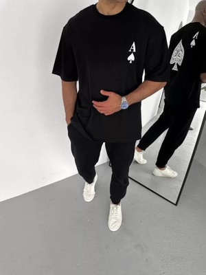 Pileli Store Unisex Bisiklet Yaka Baskılı Oversize T-Shirt - Siyah