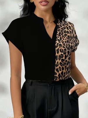 Pileli Store Kadın Kısa Kollu V Hakim Yakalı Leopar Desenli Sandy Bluza