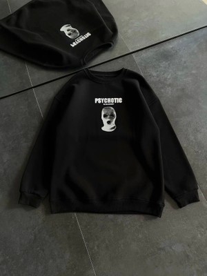 Pileli Store Kışlık Bisiklet Yaka Baskılı Sweatshirt - Siyah