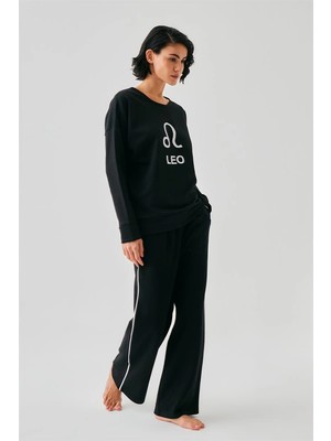 Pileli Store Kadın Siyah Aslan Burcu Oversize 2 Iplik Eşofman Ev Giyim Takımı