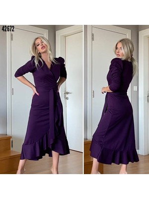 Pileli Store Krep Kumaş Midi Boy Kuşaklı Uzunkol Elbise