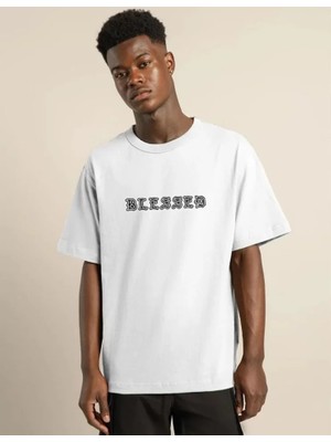 Pileli Store Unisex Bisiklet Yaka Oversize Baskılı T-Shirt - Beyaz