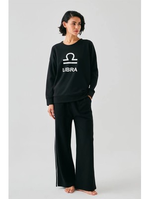 Pileli Store Kadın Siyah Terazi Burcu Oversize 2 Iplik Eşofman Ev Giyim Takımı