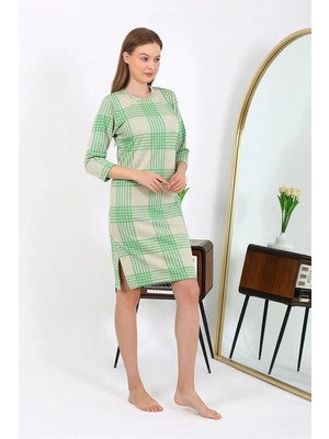 Pileli Store Pamuk Ev Elbisesi Tunik Gecelik Yeşil