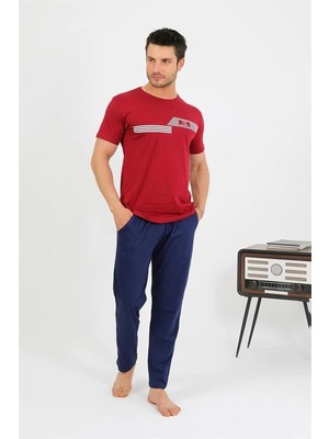 Pileli Store Erkek Pamuk Kısa Kol Pijama Takım Bordo