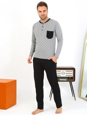 Pileli Store Erkek Uzun Kol Penye Füme Pijama Takımı