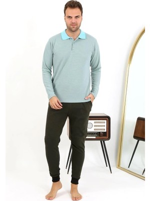 Pileli Store Erkek Polo Yaka Uzun Kol Penye Pijama Takımı Su Yeşili