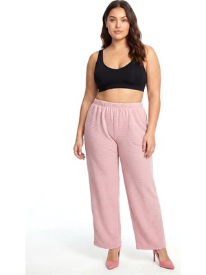 Pileli Store Kadın Pudra Pembe Dokulu Büyük Beden Cepli Pijama Altı