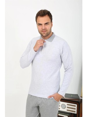 Pileli Store Erkek Polo Yaka Uzun Kol Penye Pijama Takımı Gri