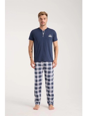 Pileli Store Erkek Lacivert Düğmeli Yaka Kısa Kol Pijama Takımı