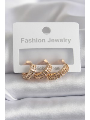 Pileli Store Pirinç Gold Renk Zirkon Taş Detay Halka Model Kadın Küpe