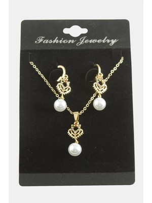 Pileli Store Kalp Inci Zirkon Taşlı Set Kolye