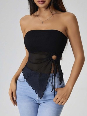 Pileli Store Kadın Siyah Crop Önden Halka Büzgü Detaylı 5094